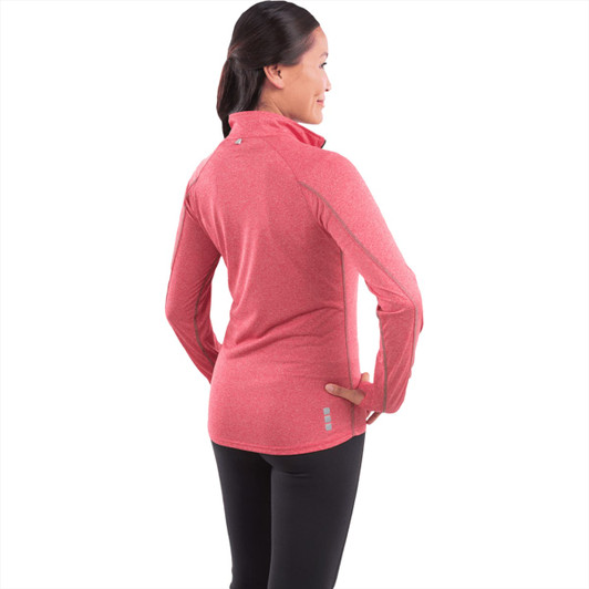 A women's quarter-zip jumper in a pink hue, featuring a high collar and long sleeves, with a logo on the back.