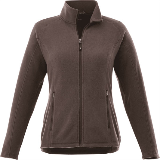 A women's polar fleece jacket in brown with a zip front and side pockets. The jacket features a branding logo.