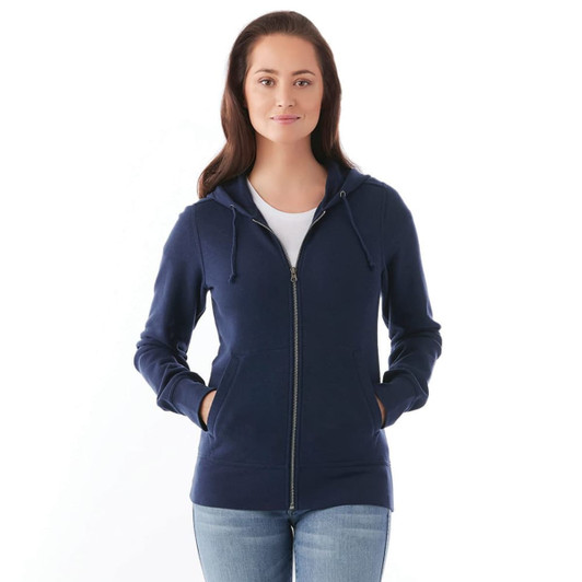 A women's navy fleece zip hoody featuring a hood, front pockets, and a branding logo.