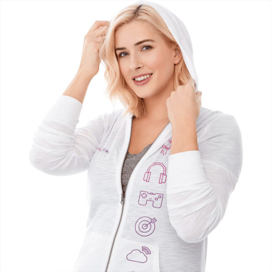 A white women's knit full zip hoody featuring a hood and logos on the front.