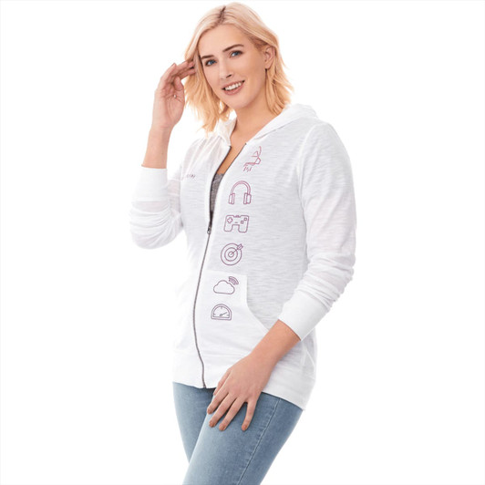A women's white knit full zip hoody featuring a hood and side pockets, with a logo on the chest.