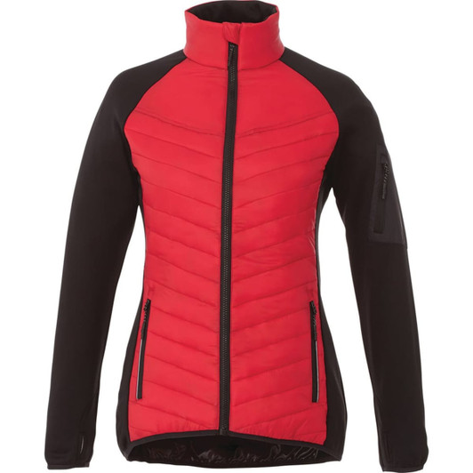 A women's hybrid insulated jacket featuring a red front and black sleeves, with zippered pockets and a logo.