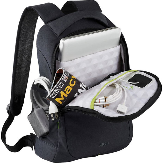 A grey laptop backpack with a zippered compartment holding a laptop, magazines, and charging cables. It has a logo.