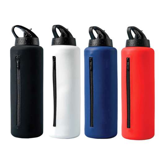 A drink bottle with a sleek design, available in black, white, blue, and red, featuring a zippered section and a lid.