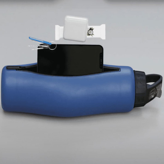 A drink bottle in blue with a phone slot and a logo. Features a convenient design for easy access.