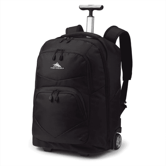 A black wheeled backpack with a retractable handle and various compartments, featuring a logo.