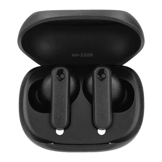A pair of black earbuds in a charging case, featuring a sleek design and a logo.