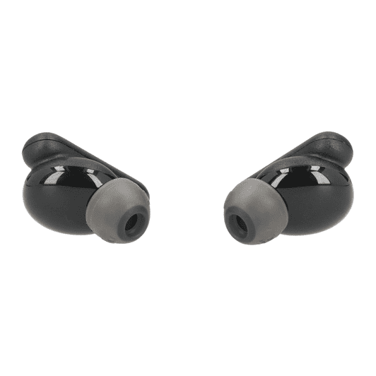 Black earbuds with grey tips, featuring a smooth design and a logo on the side.