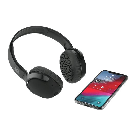 Wireless headphones in black beside a smartphone displaying a music player interface.