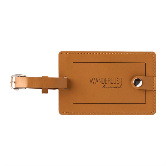 A brown bio leather luggage tag with a strap, featuring a logo in a simple design.