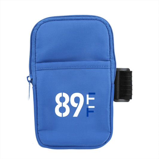 A drink bottle pouch in blue with a zippered pocket and branding. It features an adjustable strap for securing.