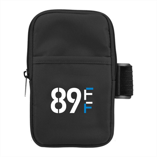 A drink bottle pouch in black with a zip closure and a strap, featuring a logo.