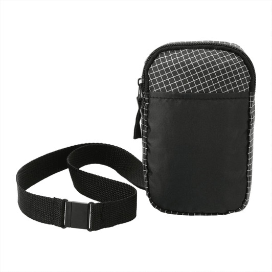 A black phone pouch with a grid design and an adjustable black lanyard strap.