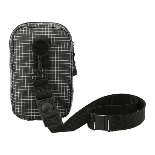 A black and white grid-patterned phone pouch with a detachable strap and a clip for attachment.