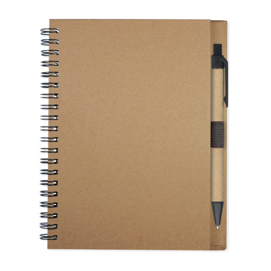 A spiral-bound notebook with a brown cardboard cover and a matching pen attached.