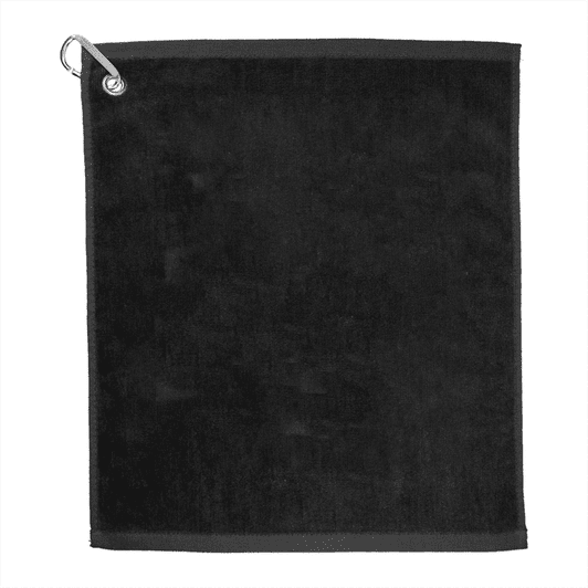 A black 15" X 18" terry golf towel with a metal carabiner for easy attachment. Features a simple design.