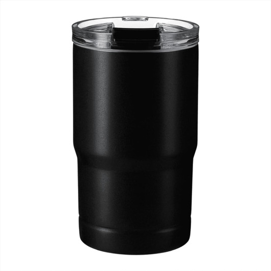 A drink bottle in matte black, featuring a clear lid and a logo. Ideal for keeping beverages hot or cold.