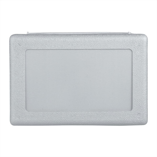A grey tool kit with a textured finish, featuring a transparent window. It has a logo on the front.