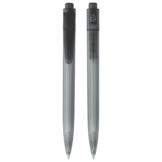 A black ballpoint pen made from ocean-bound plastic, featuring a clip and a logo on the upper part.