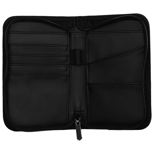A black recycled travel wallet featuring multiple card slots and a secure zip closure. It includes RFID blocking technology.
