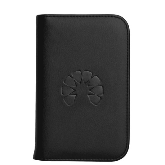 A black recycled travel wallet with RFID blocking feature and an embossed logo on the front.
