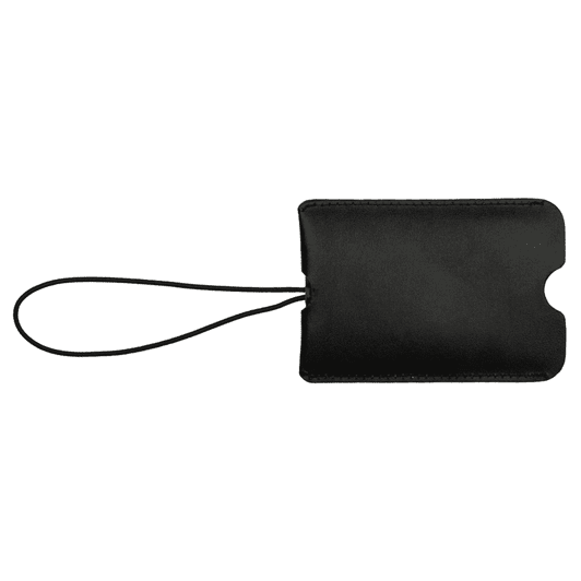 A black leather luggage tag with a pull-apart design and a secure attachment strap.