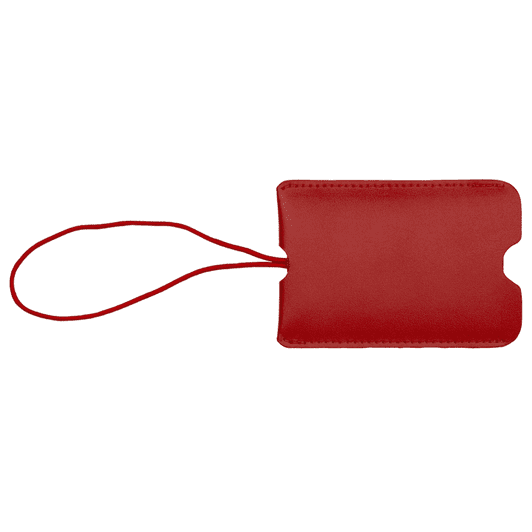 A red pull-apart leather luggage tag with a loop for attaching. The tag features a smooth finish and rounded edges.