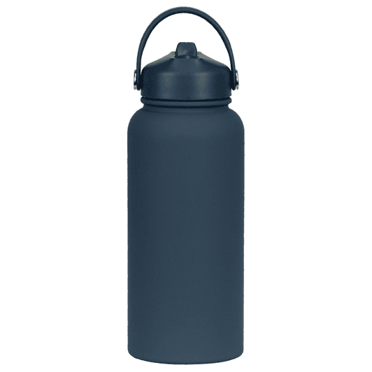 A drink bottle in a matte navy colour with a handle and a screw-top lid, featuring a logo.