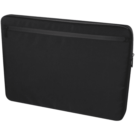 A black recycled laptop sleeve featuring a zippered pocket and a minimalist design, suitable for 15.6" laptops.