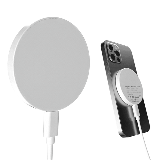 A round, white magnetic wireless charger connected to a smartphone, featuring a sleek, minimal design.