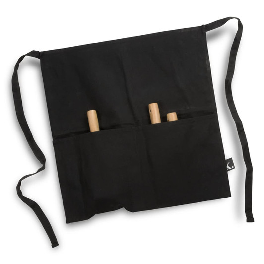 A black gardening apron with wooden-handled tools visible in the pockets, featuring a logo.
