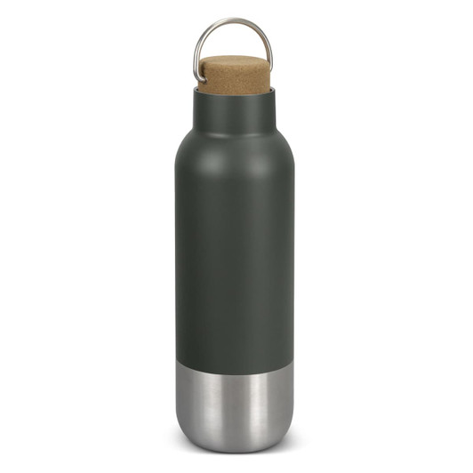 A drink bottle with a matte olive green body, cork lid, and stainless steel base. It features a metal loop for carrying.