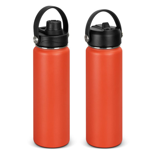 A drink bottle in a bright orange colour with a black lid and handle, featuring a logo.