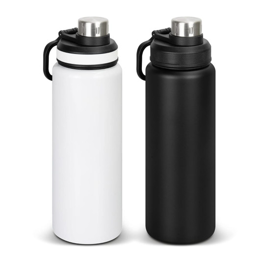 A drink bottle in white and black, featuring a stainless steel lid and a handle. It has a logo on the side.