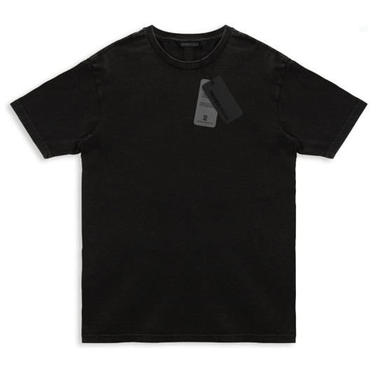 A black unisex TRENDSWEAR faded T-shirt with a tag attached. It features a simple, classic design.