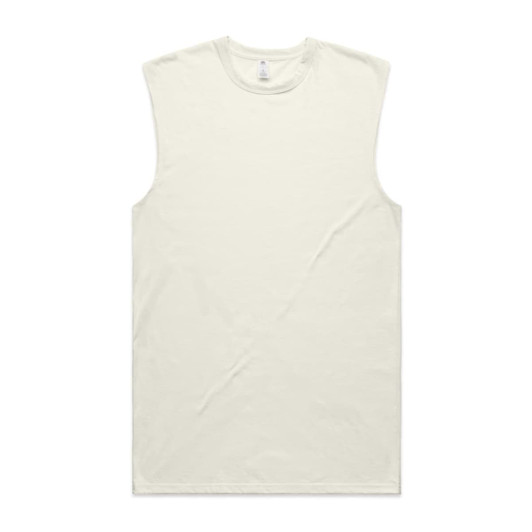 A light cream sleeveless tank top with a round neckline and a plain design, featuring a logo.