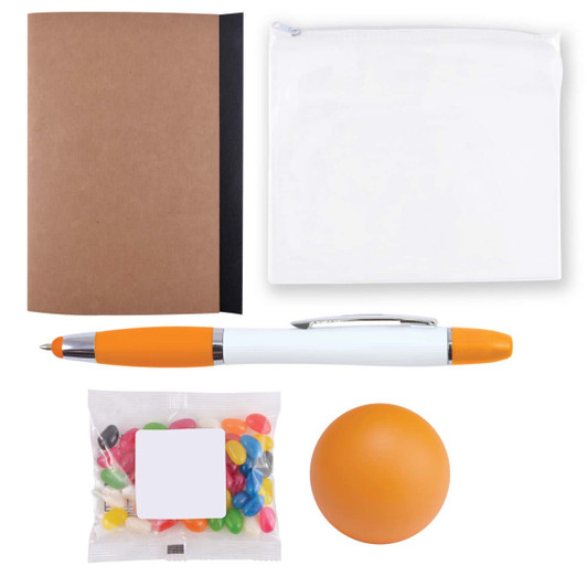 A notebook, a pen, a pouch, a stress ball, and a bag of jelly beans.