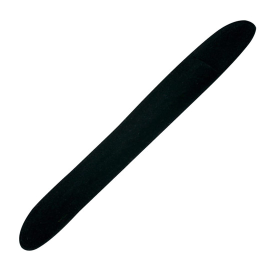 A black pen with a smooth, elongated design, featuring a simple logo on its body.