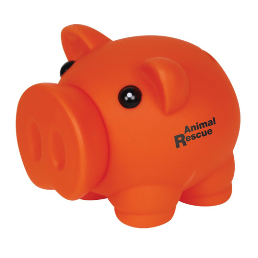 An orange piglet coin bank with large black eyes and a rounded shape, featuring a logo.