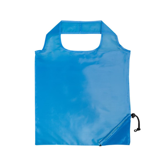 A blue reusable grocery bag with a handle and a foldable design, featuring a drawstring closure.