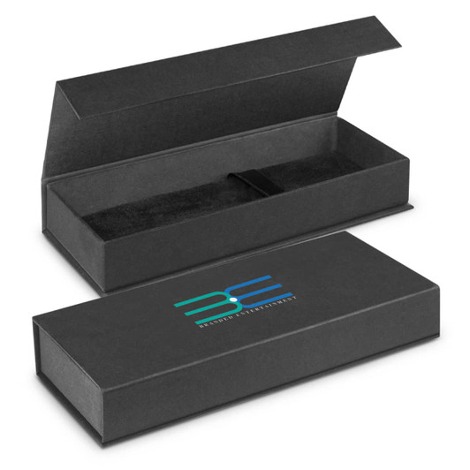 A sleek black gift box with a smooth finish, featuring an interior lining and a logo on the lid.