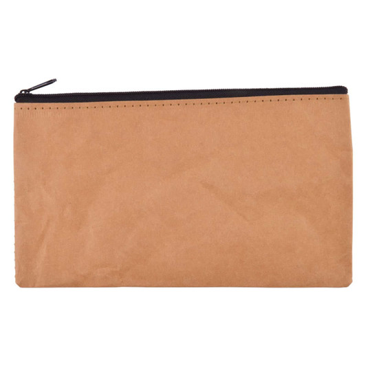 A kraft paper pouch in brown with a black zipper, featuring a simple design and a branding logo.