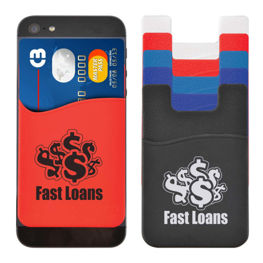 A phone wallet in red and black, holding a card, with multiple colored inserts visible nearby. Features a logo.