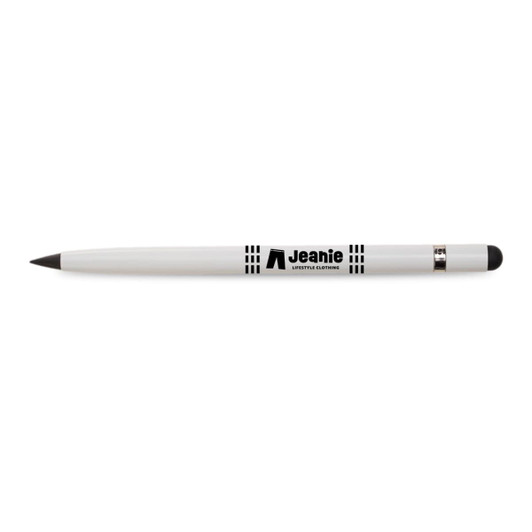 A white Aluminium Inkless Pen with a black tip and a logo, designed for writing.