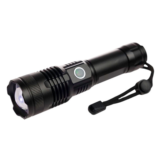 A rechargeable torch with a sleek black design, featuring a push-button and an attached strap for convenience.