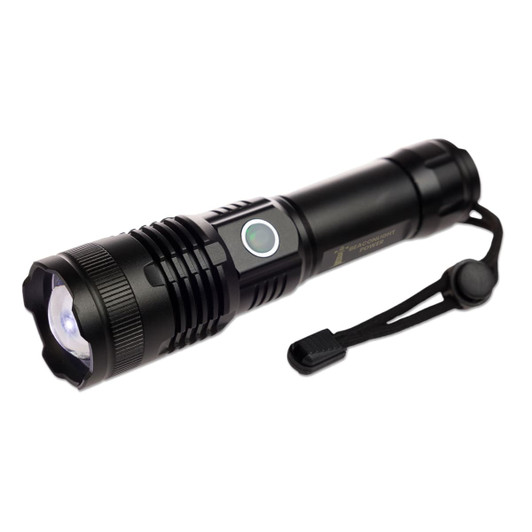 A sleek black rechargeable torch with a bright LED light and a wrist strap.
