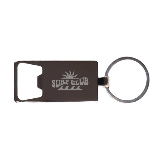 A drink bottle opener keytag in silver with a round keyring and a surf club logo.