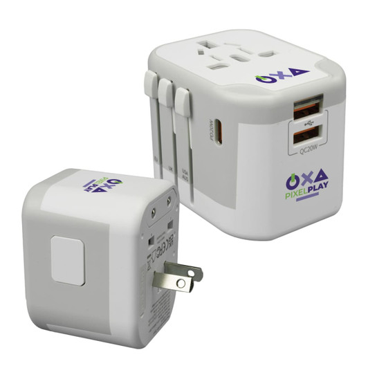 A white travel adaptor with multiple plug configurations and USB ports, featuring a logo on its surface.