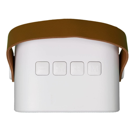 A white mini speaker with a brown strap and control buttons on the front, featuring a logo on the side.