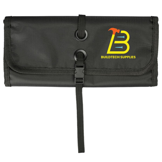 A black roll-up organizer bag with a clasp closure and brand logo "BUILDTECH SUPPLIES" prominently displayed.
